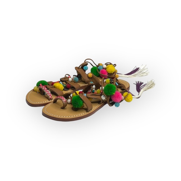 VHTF: new Mystique x Anthro 𖦹 Tokyo Pom Pom Ankle Wrap Toe Loop Leather Sandal - Picture 8 of 17